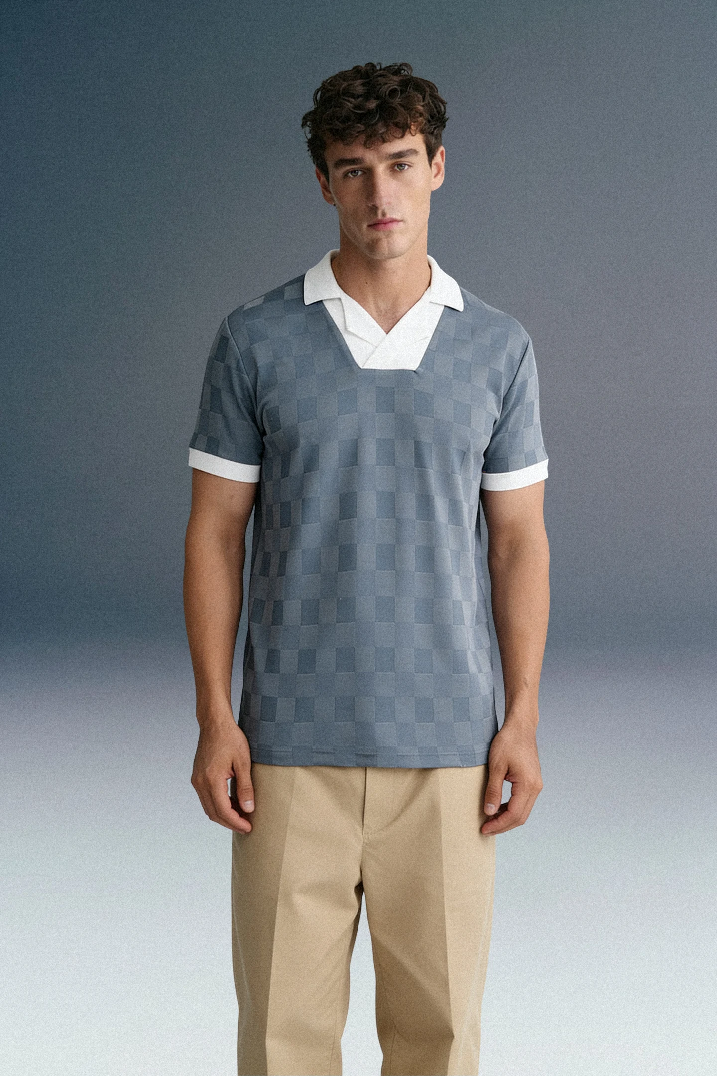 Blue Grey Textured Polo T-Shirt